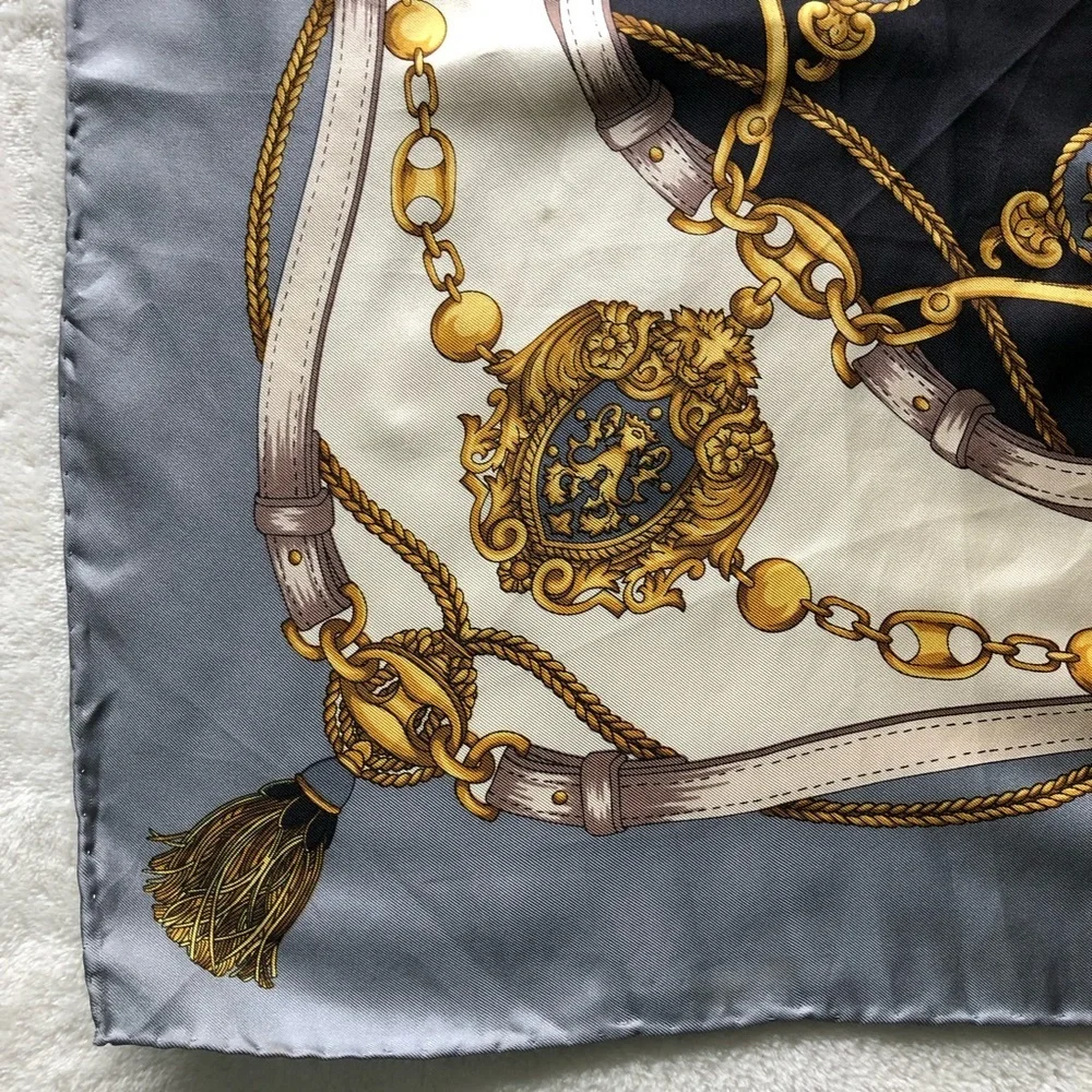 Silk Scarf - Gold Chains Tassels Filigree Design - Gray Black Cream Gold 34”